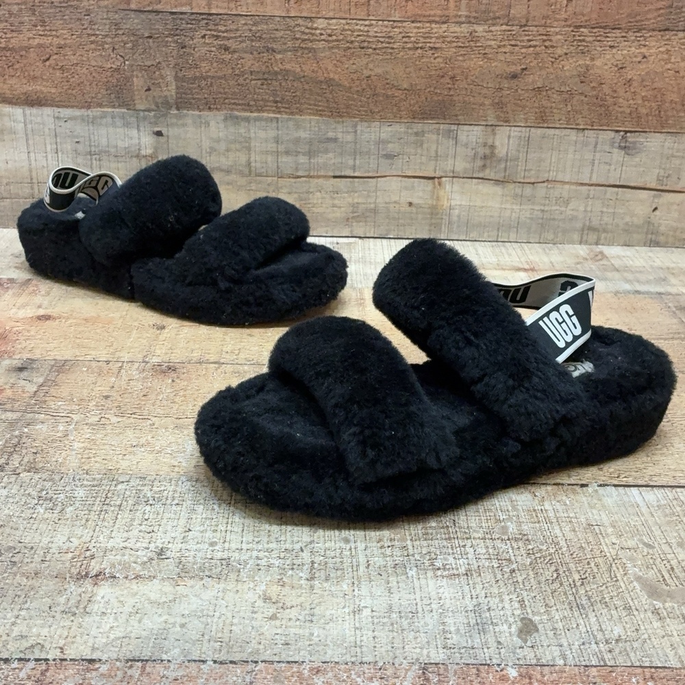 UGG Fluff Yeah Slide Slippers Womens Size 9 40 Black Shearling Shoes 1107953